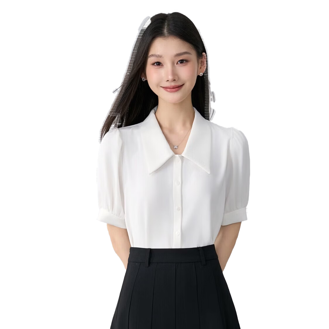 Bodexiaojie Women's Short-Sleeve Blouse, Summer Office Wear, Petite Inner Layer Top, Professional Formal Wear, Chiffon Shirt