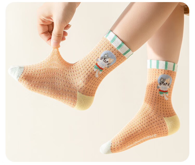 MiiOW Children's Socks, Summer Girls' Thin Breathable Mesh Cotton Socks, Cartoon Mid-Calf Socks for Older Children, Student Socks, 5 Pairs Per Pack 6