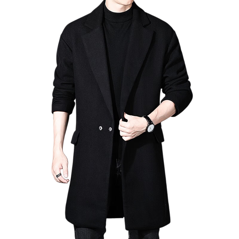 ROMON Men's Mid-Length Woolen Coat Autumn Winter Business Casual Warm Woolen Overcoat 1929 Black XL