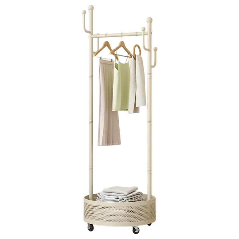Milin Floor-Standing Wardrobe, Movable Cream-Style Clothes Storage Rack with Wheels for Bedroom, White Coat And Hat Stand