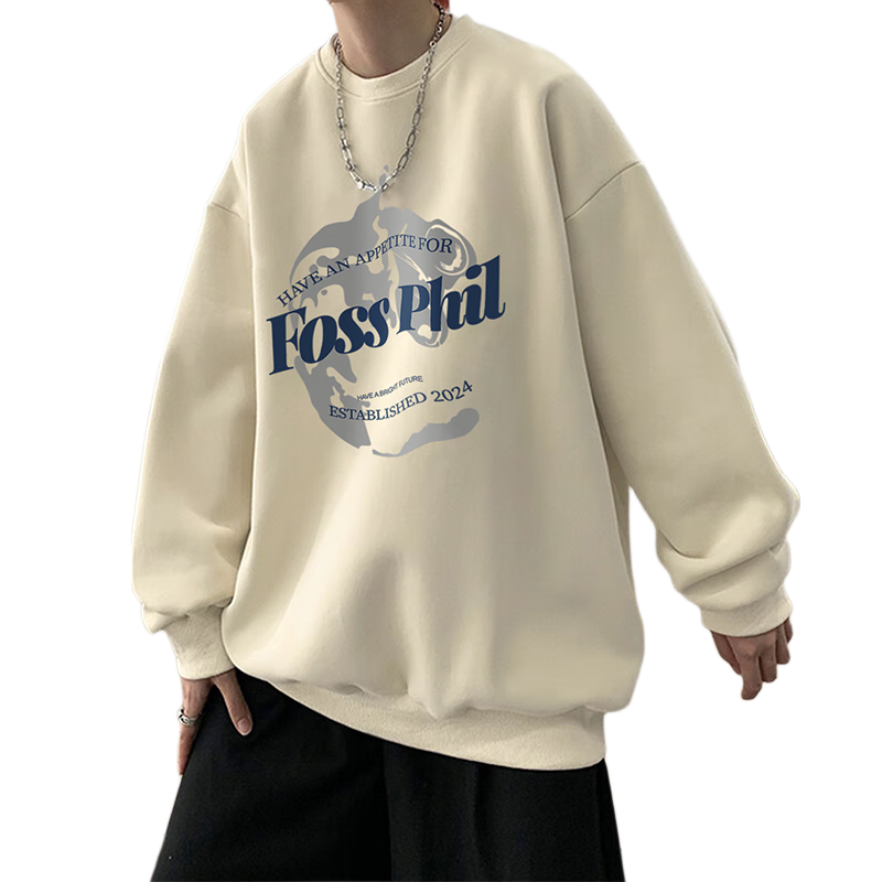 Foss Phil Men's Sweatshirt, Spring And Autumn Fashion Brand, Round Neck, Printed Oversized Casual Long-Sleeve Undershirt, FPW1, Apricot Color, XL Size
