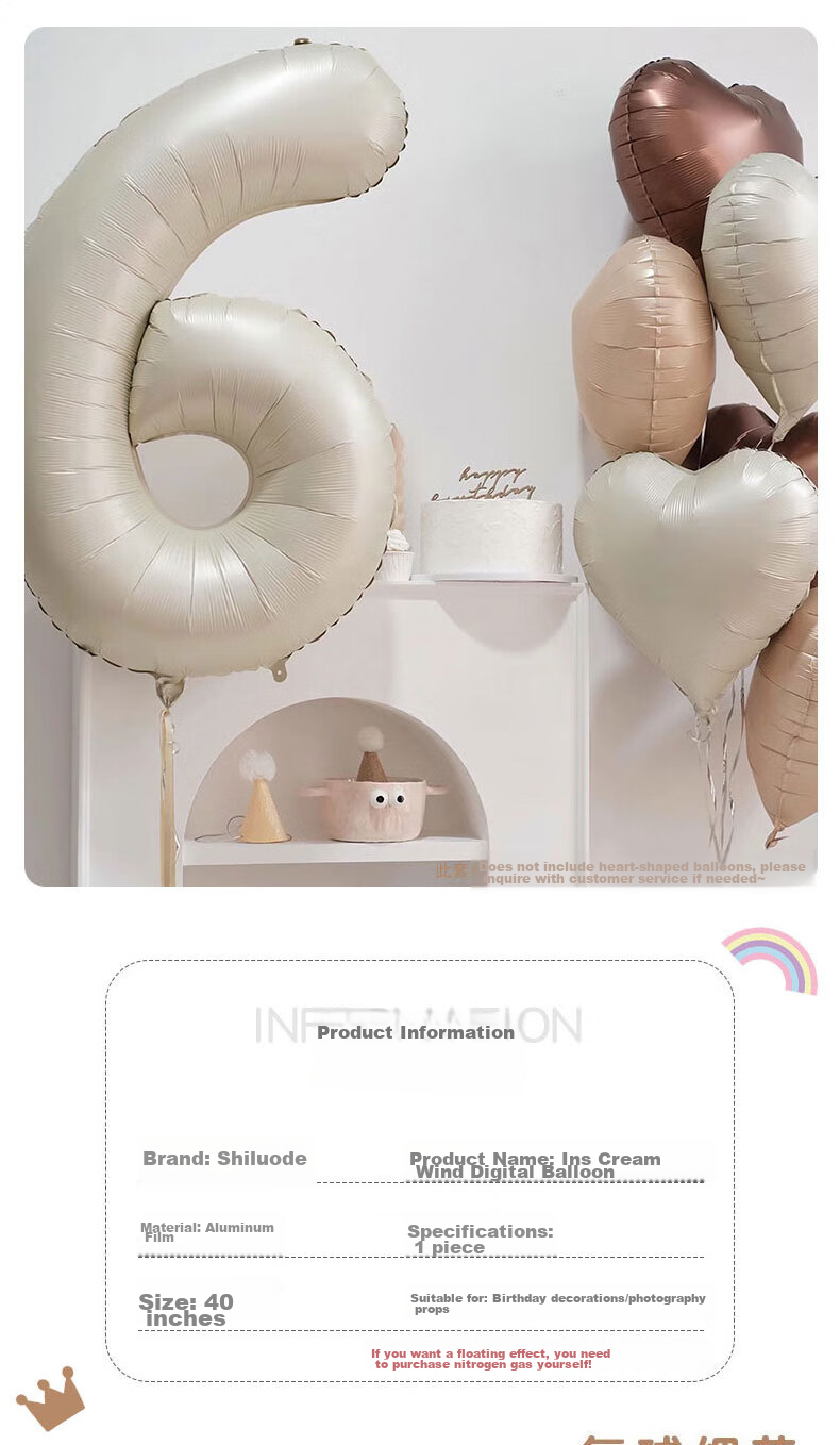 Shiluode Ins First Birthday Outdoor Party Scene Decoration Photo Props, Cream Style 40-Inch Digital Balloon 0 3
