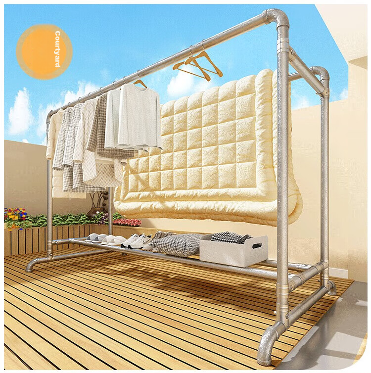 Baoyouni Thickened Steel Pipe Clothes Drying Rack, Floor-Standing Indoor Outdoor Double-Pole Clothes Drying Rod, Balcony Clothes Hanger, 25mm 16