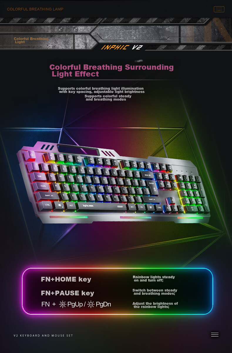 INPHIC K2 Gaming Keyboard Wired Office 104-Key Computer Desktop USB External Backlit Metal Panel 26-Key Anti-Ghosting Metal Gray 4