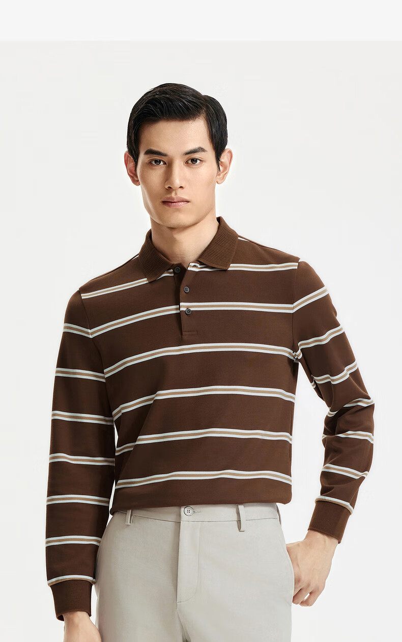 Goldlion High Cotton Content 24 Autumn Winter Comfortable Fashion Business Striped Long Sleeve Polo Shirt Men Brown-57 XXL 8