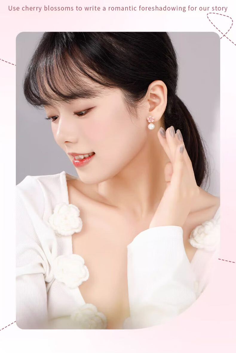 Zhoubaifu Cherry Blossom Pearl Earrings for Women, Elegant Silver Studs, Birthday Gift for Girlfriend Or Wife 13