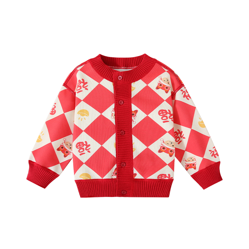 Classic Teddy Kids Sweater Boys and Girls Knitwear Autumn Winter Chinese Style Cardigan Jacket Red Size 110