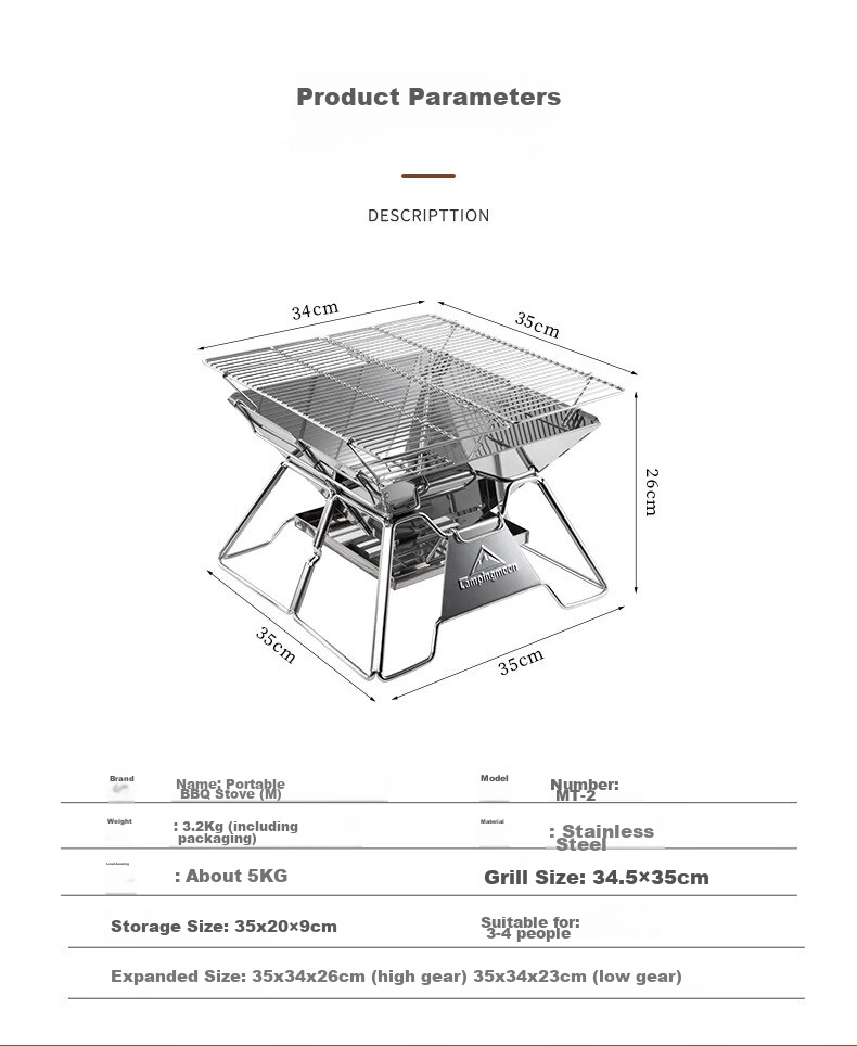 Keman Outdoor Barbecue Grill, Camping Grill, Home Use Charcoal Grill, Stainless Steel Fire Pit, Foldable Fire Ring, Charcoal Roasting Stove 5