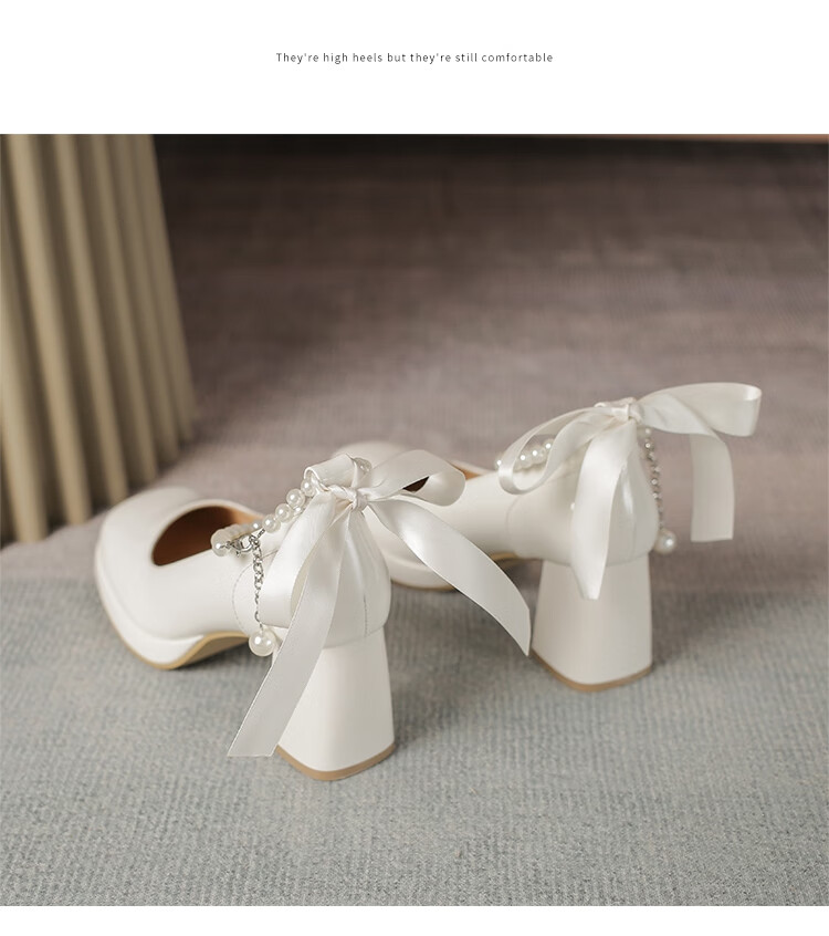 ZHR Women's Single Shoes, Summer Elegant Heightening Mary Jane Shoes, Pearl Comfortable Women's Shoes, EH69, Beige, Size 34 14