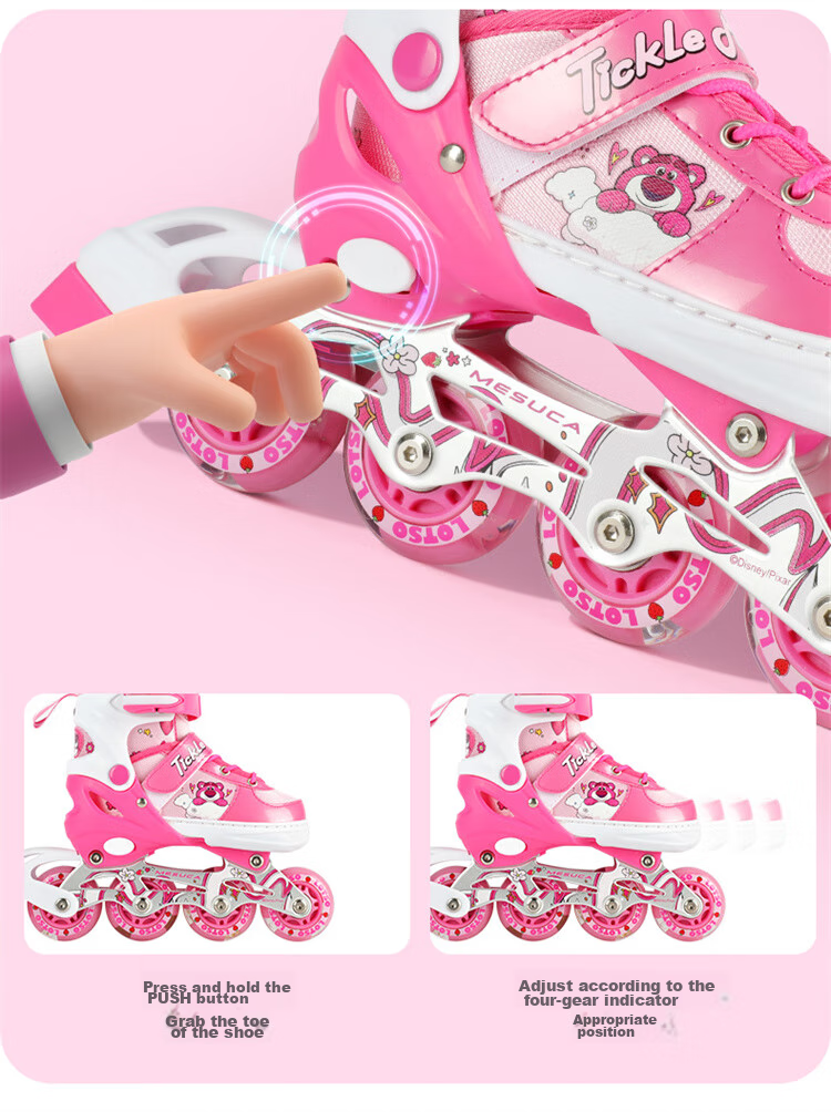 Disney Strawberry Bear Children's Roller Skates, Full Flash Inline Skates, Adjustable Ice Skates for Girls, Beginner Skating Shoes 22