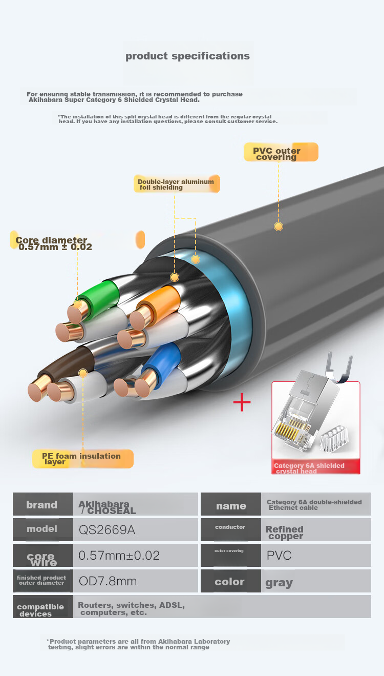 CHOOSEAL (CHOSEAL) Cat6A Double-Shielded Ethernet Cable, 10 Gigabit Anti-Interference Low Attenuation Pure Copper, Engineering Home Network Broadband Cable, Gray, 100 Meters, QS2669AT100 4