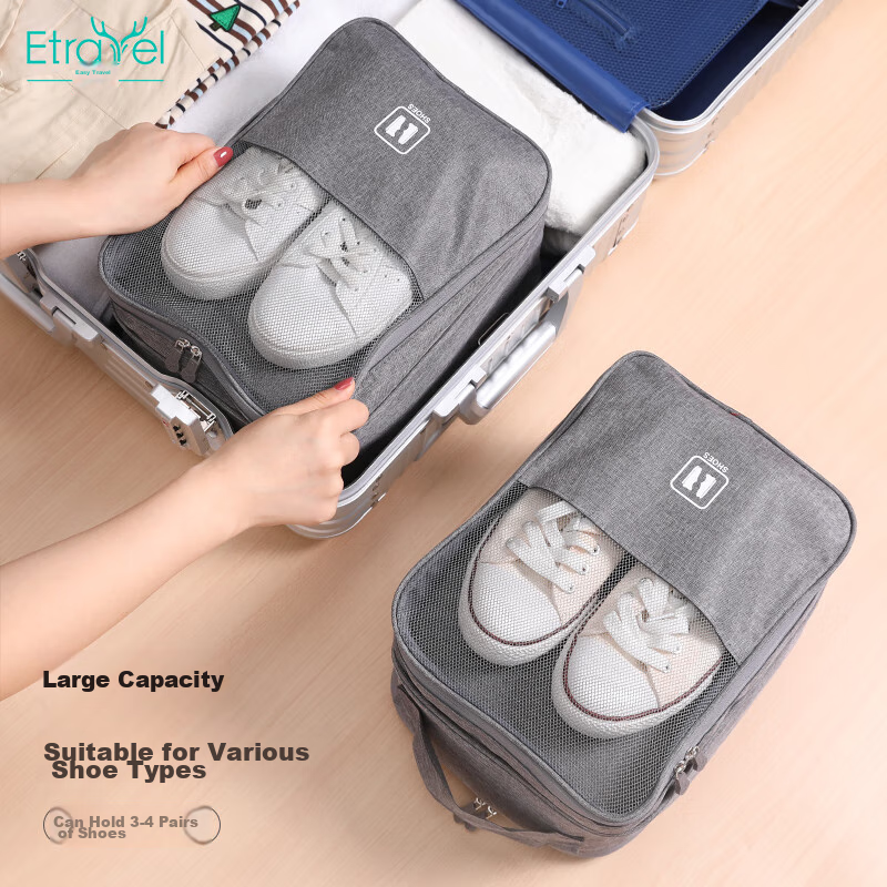 Etravel Travel Shoe Bag, Portable Handheld Organizer for Luggage, Sports Shoe Pouch, Gray