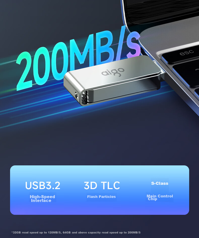 Aigo 128GB USB3.2 Flash Drive, High-Speed Office Computer USB Drive, Read Speed 220MB/s, Customizable Metal USB Drive, Large Capacity Storage USB Drive, U330 Series 7