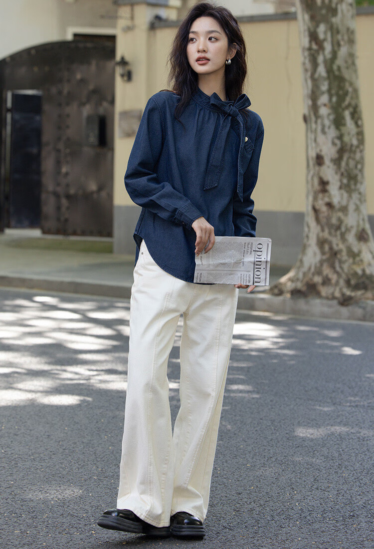 Dme [Strap Stand-Collar Shirt], Autumn Elegant Deep Blue Slanted Doorway Collar Niche Design Blouse for Wome 4