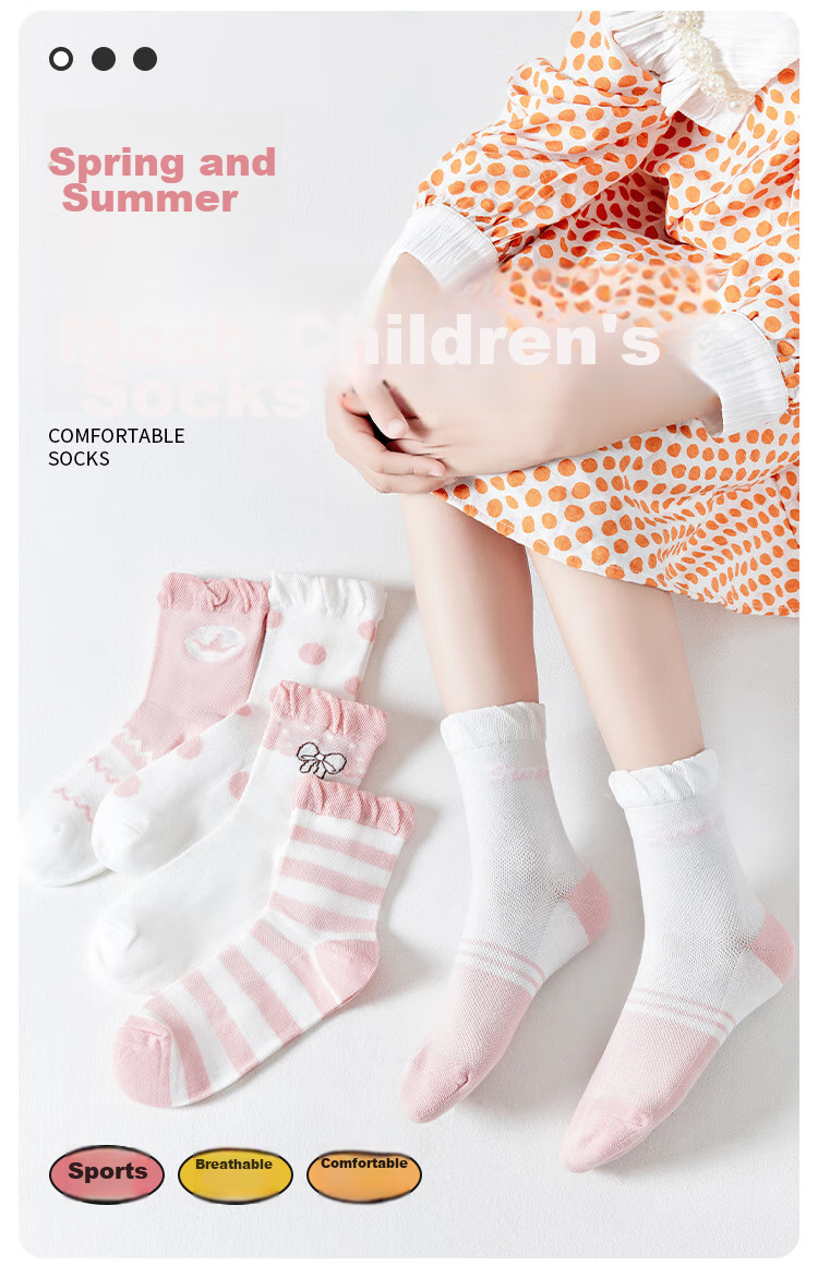 MiiOW Children's Socks, Summer Girls Breathable Cute Lace Mesh Socks, Big Kids Student Cartoon Mid-Calf Socks, 5 Pairs Pack 2
