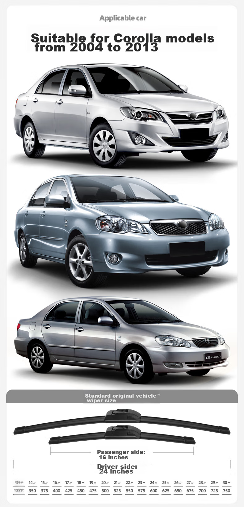 Deyun Toyota Corolla Windshield Wiper Blades for 2013 Model, 2009 Old 2004 Year 2006 Car 2005 Special 2013 Rubber Strip Wiper Blade 3