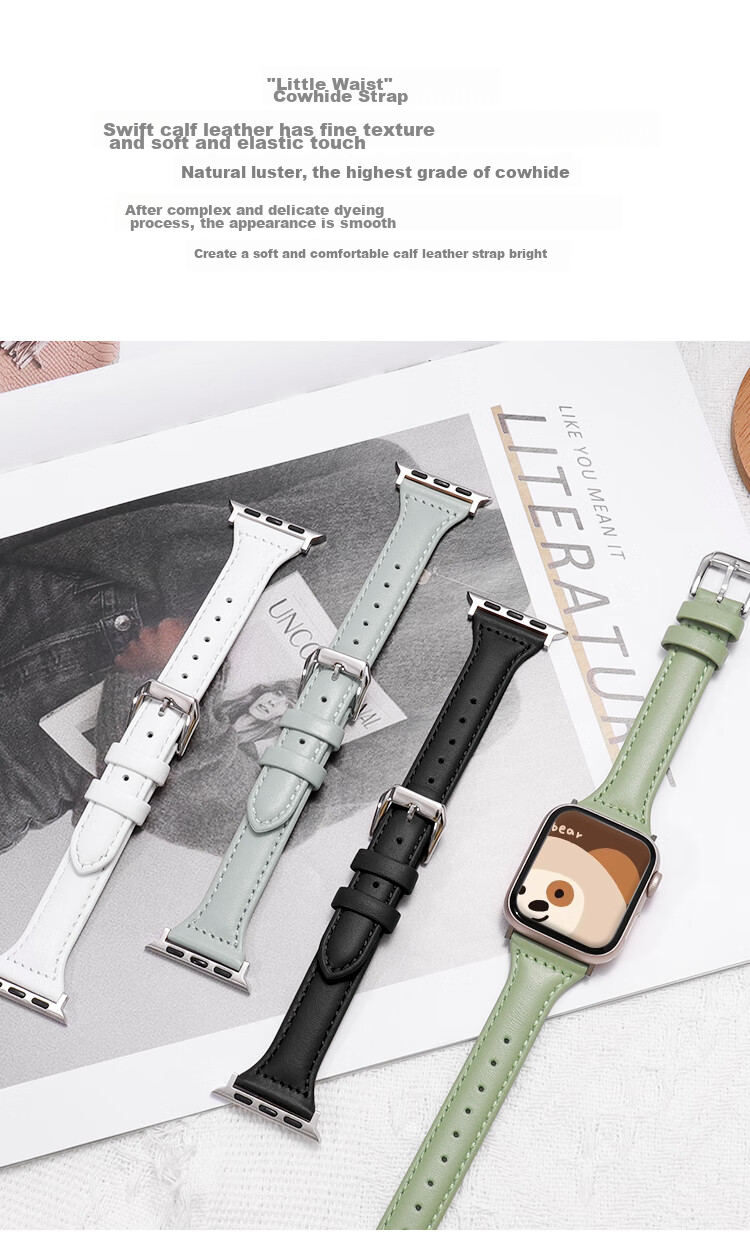 MSSM Women's Slim Waist Genuine Leather Apple Watch Band Compatible with IWatch Ultra 3/S11/10/9/8/Se3, Black, 38/40/41mm 5