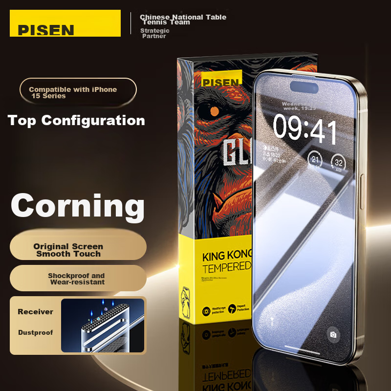Защитное стекло PISEN для iPhone 15 Pro Max, полное покрытие Corning Glass, HD Clear, пыленепроницаемое, антиотпечатки, ударопрочное, 1 шт.