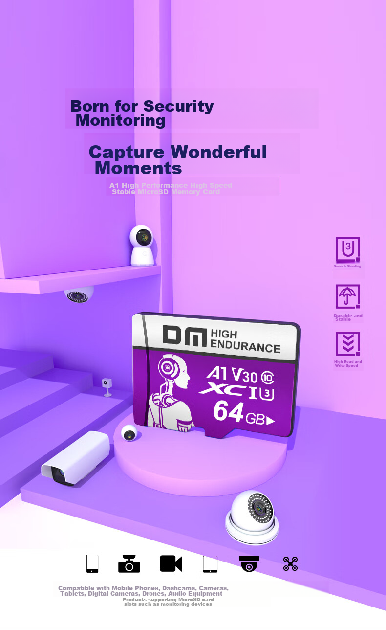 DM Daimai 64GB TF (MicroSD) Memory Card, Purple Card, C10 Surveillance Camera Dedicated Ultra-Fast Memory Card, Compatible with Huawei, Xiaomi, Yingshi, Pulin360 1