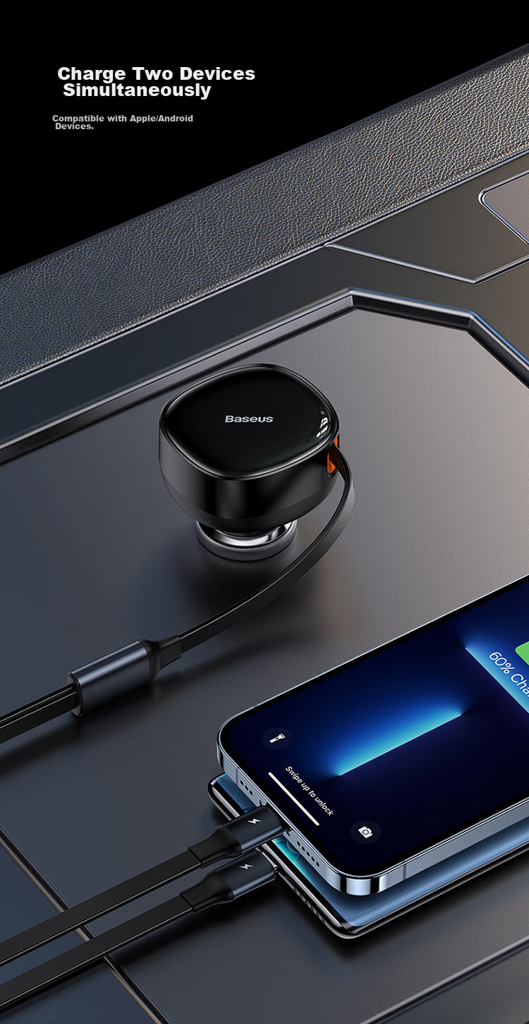 BASEUS Car Charger Retractable Cable, One-To Cigarette Lighter Adapter with Built-In Cord, Super Fast Charging, Compatible with Apple 18 Pro Max, Huawei, Xiaomi 9