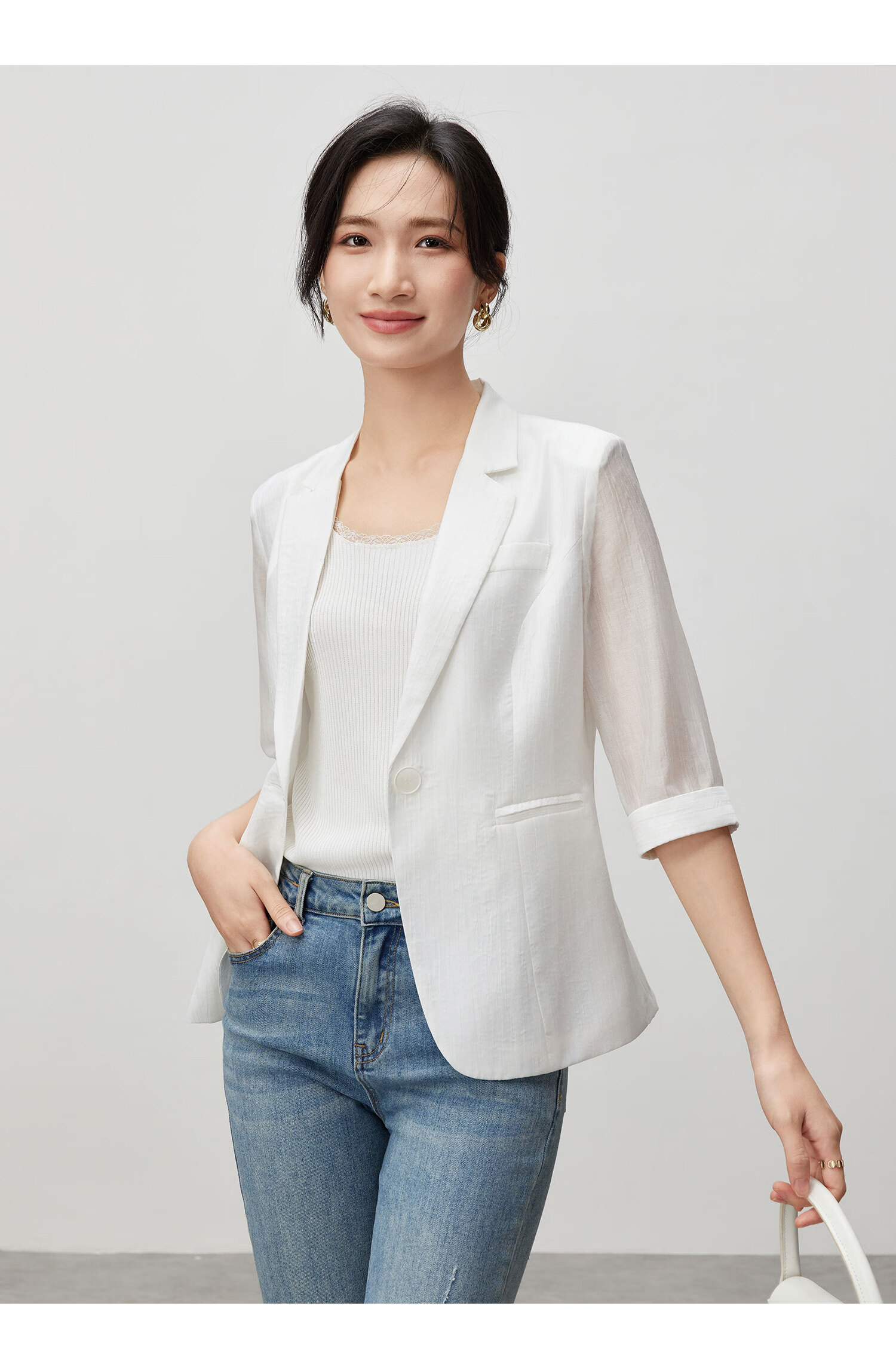 Fan Qin Yili Kuo Suit Jacket for Women, 2024 Elegant Five-Quarter Sleeve Commuter Professional Style, 442X73049, White, M 18