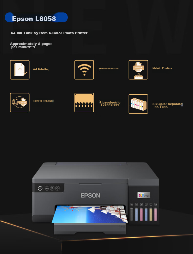 Epson L8058 A4 Ink Tank Color Inkjet Printer for Home Use, 6-Color Photo Original Continuous Ink Supply for Printing Studios, Supports WiFi Wireless 1