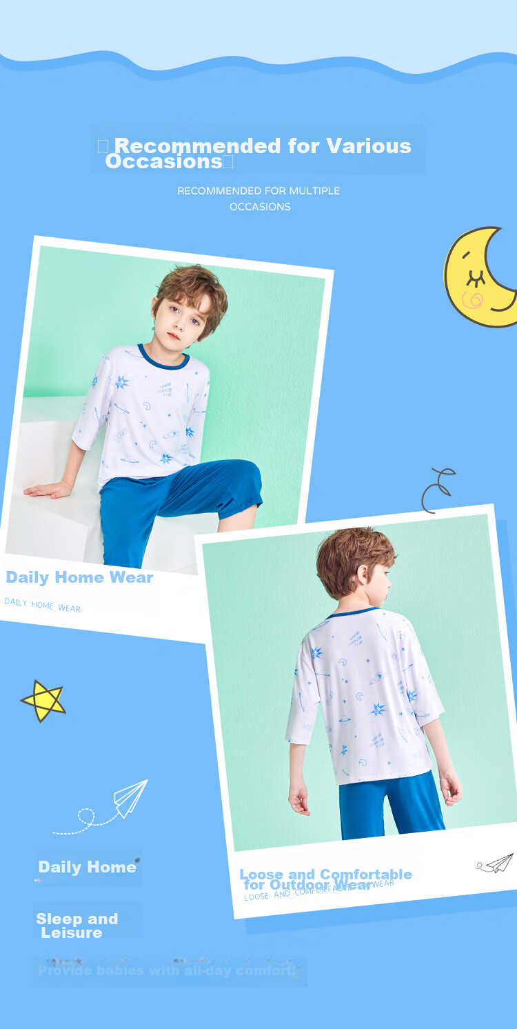 LangSha Children's Pajamas, Boys' Summer Thin Modal Sleepwear, Youth Three-Quarter Sleeve Home Wear Set, Blue, Size 120 5