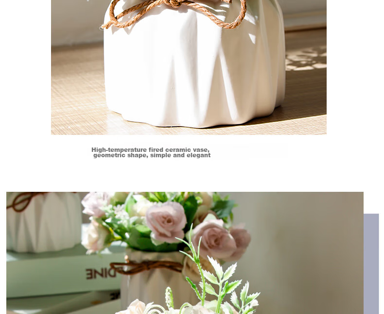 Shengshitaibao Artificial Flower Bouquet, Silk Flowers, Decorative Flowers, Ceramic Small Vase, Floral Arrangement, Living Room Decoration Ornament, White Rose 9