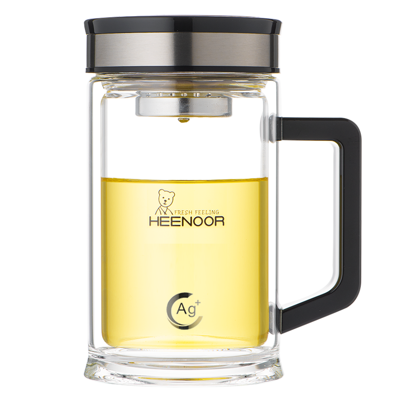 Heenoor Antibacterial Glass Cup with Double Layers And Handle, Tea Infuser Mug for Men, High-End Water Bottle, Mid-Autumn Festival Gift XN-9005K