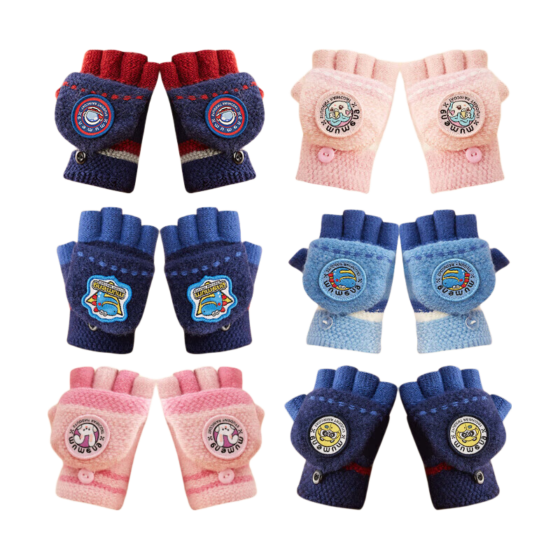 Moremerry Children's Autumn Winter Flip Gloves Warm Full Finger Gloves for Boys and Girls Elementary Students Pink Rabbit