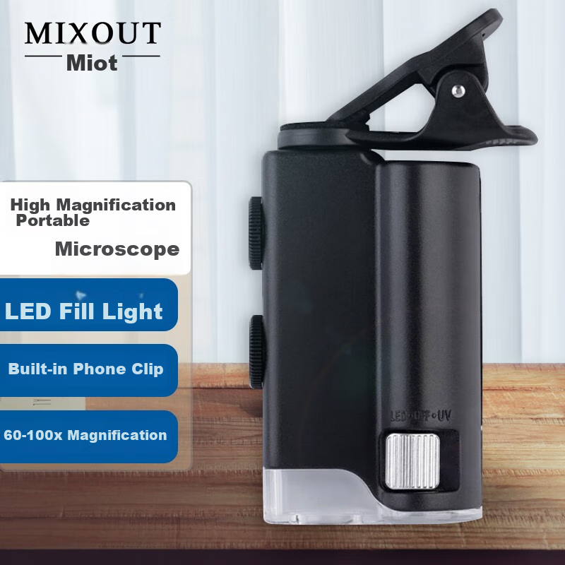 MIXOUT, 60x And 100x High Magnification Magnifying Glass, HD Inspection with LED Light And UV Phone Clip Microscope