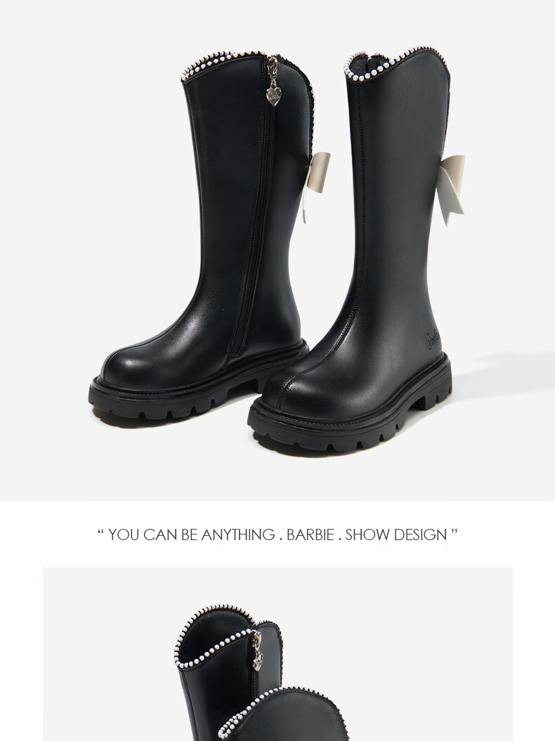 Barbie Girls' Fashion High-Top Leather Boots with Bow, Single-Lined Long Boots DA6096 Off-White Size 30 4