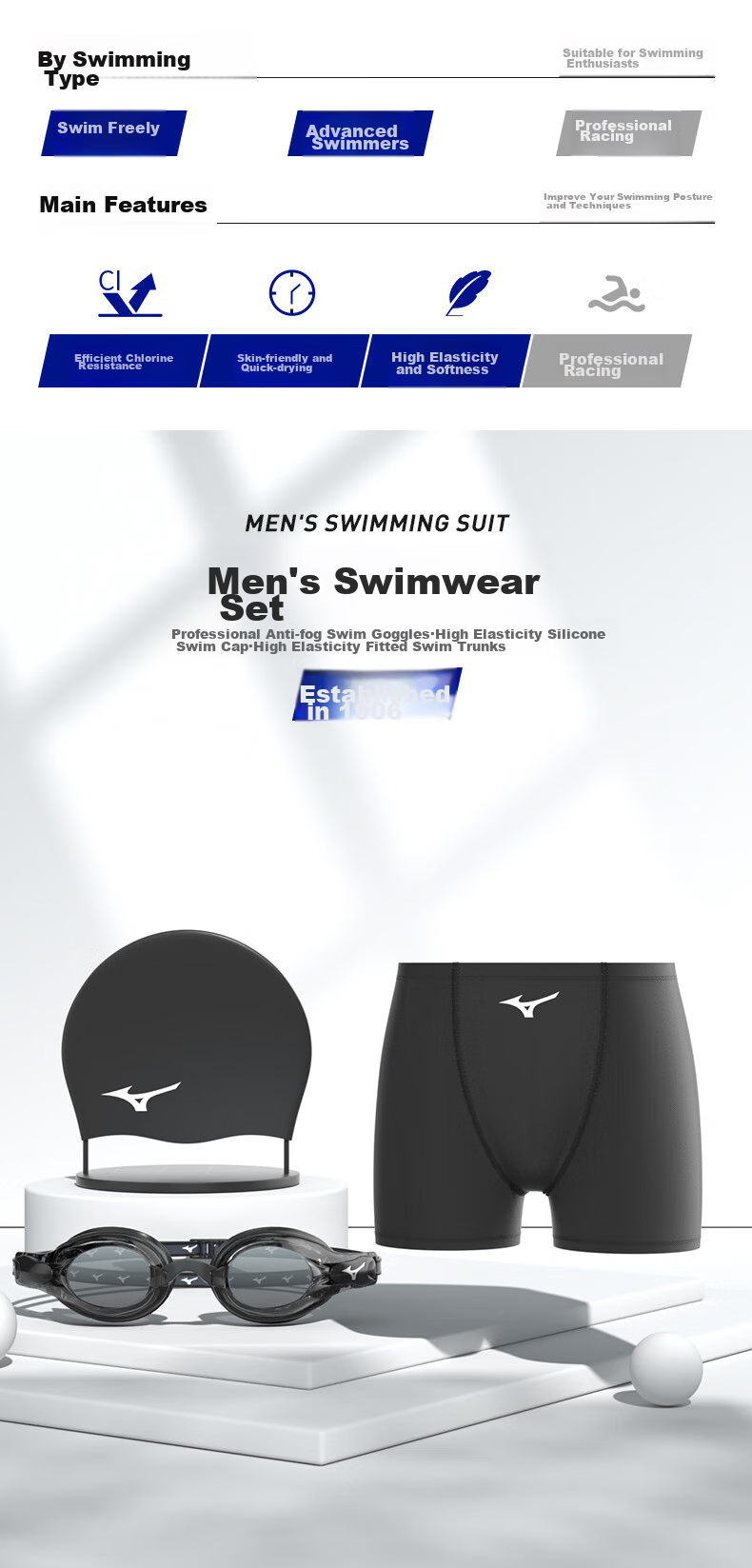 MIZUNO Men's Swim Trunks, Quick-Drying Boxer Shorts, Hot Spring Wear, Large Size, Anti-Embarrassment, for Nearsighted People, Swimming Goggles, Hat, Three-Piece Set, 11234502XL 3