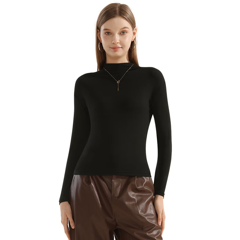 MiiOW Women's Base Layer, Mid to High Collar, Thermal Underwear, Slim Fit, Versatile, Can Be Worn As Outerwear, Long Sleeve, New Style, Black, Size M