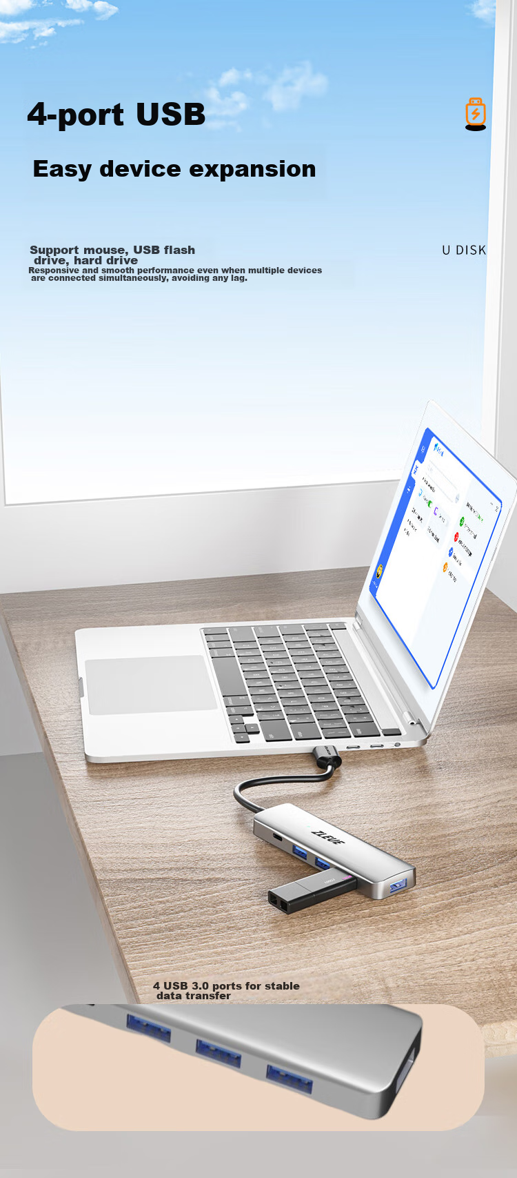 ZLEUE USB Hub 2.0, 4-Port Hub Expander, Laptop And Desktop Computer Splitter, Multi-Port Adapter, Extension Cable with Power Port, 0.2 Meters, E8001C 2