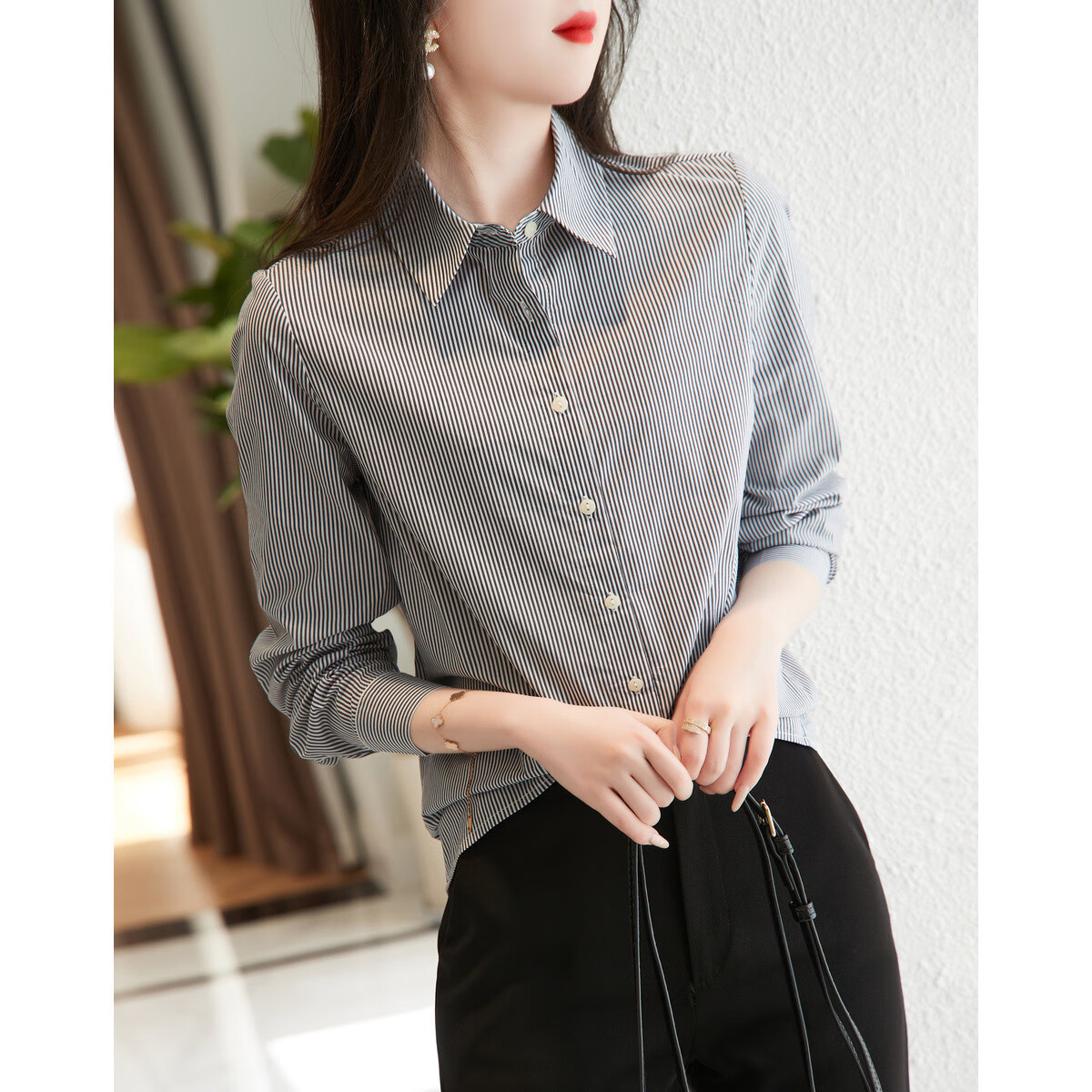 Dme [Career Art Collector] Spring And Autumn Breathable Simple Lapel Shirt, Long-Sleeve Fitted Blouse, Women's Top