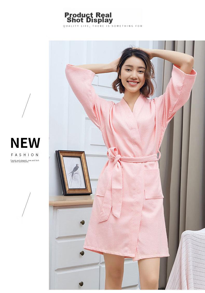 Xinya Pure Cotton Waffle Adult Bathrobe, Unisex Couple Spring Summer Thin Sleepwear Loungewear, Pink, Size L 9
