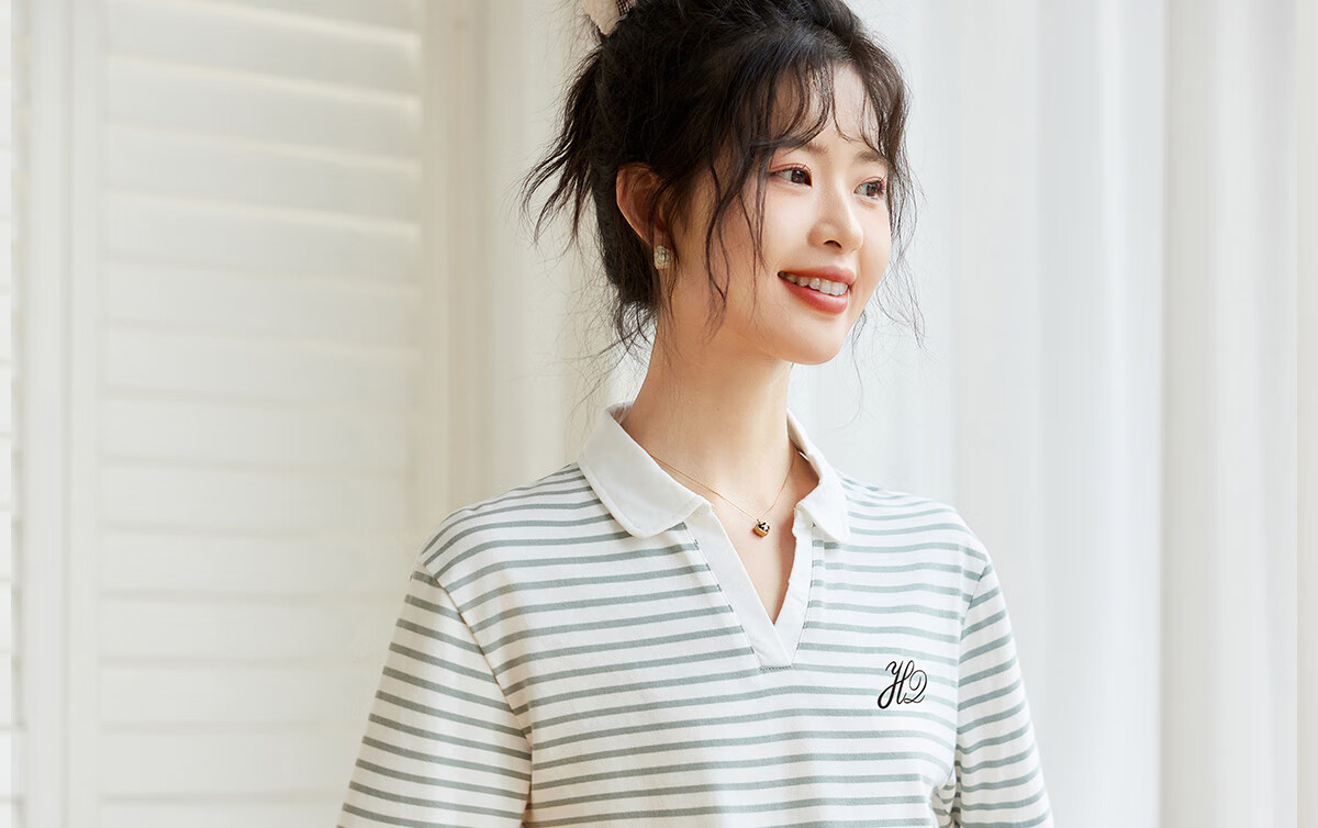 Halo Queen Long-Sleeve T-Shirt for Women, Spring And Autumn Round Neck, Heart Embroidery Striped Base Shirt, Casual Fashion Top, New Product H143T2005 69