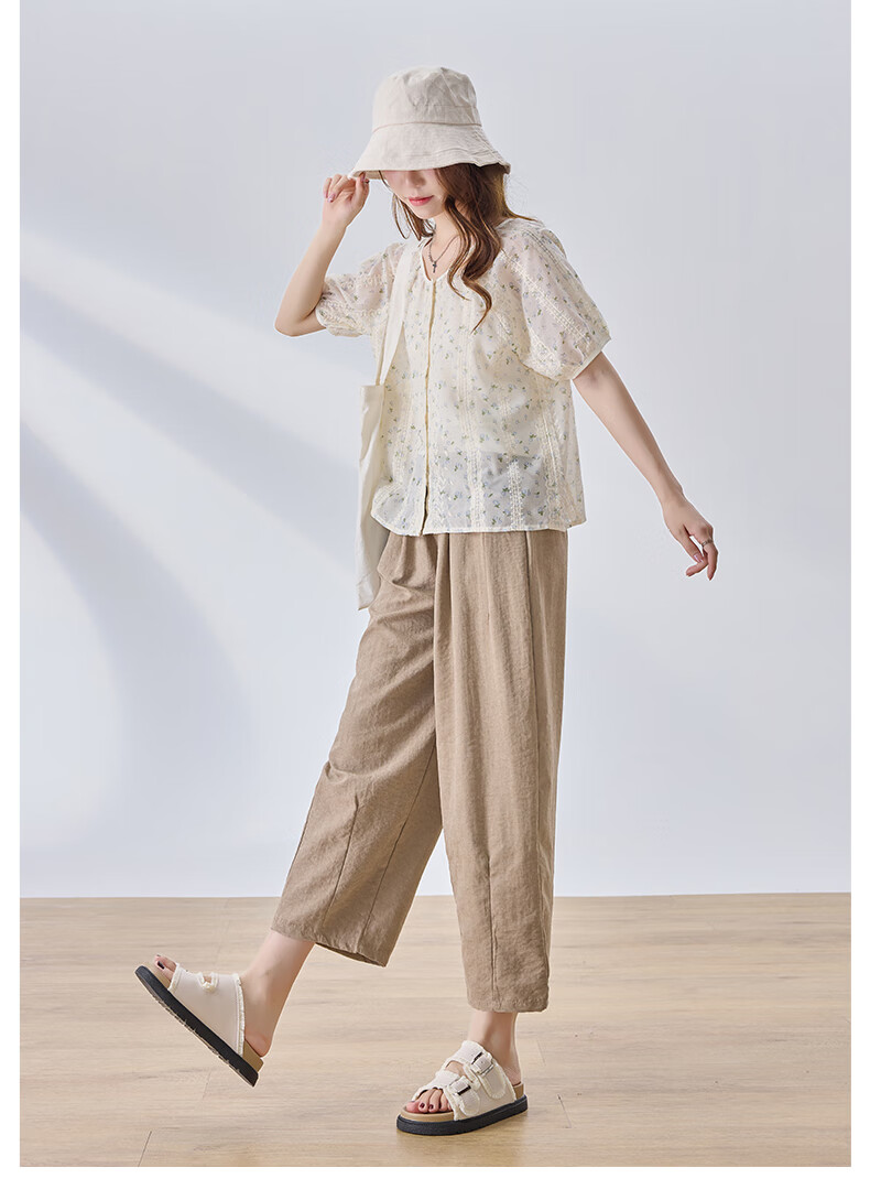 LangSha Lazy Summer Refreshing Cool Milk Puff Pants for Women, High-Waisted Thin Casual Versatile Wide-Leg Cropped Pants for Petite Figures 16