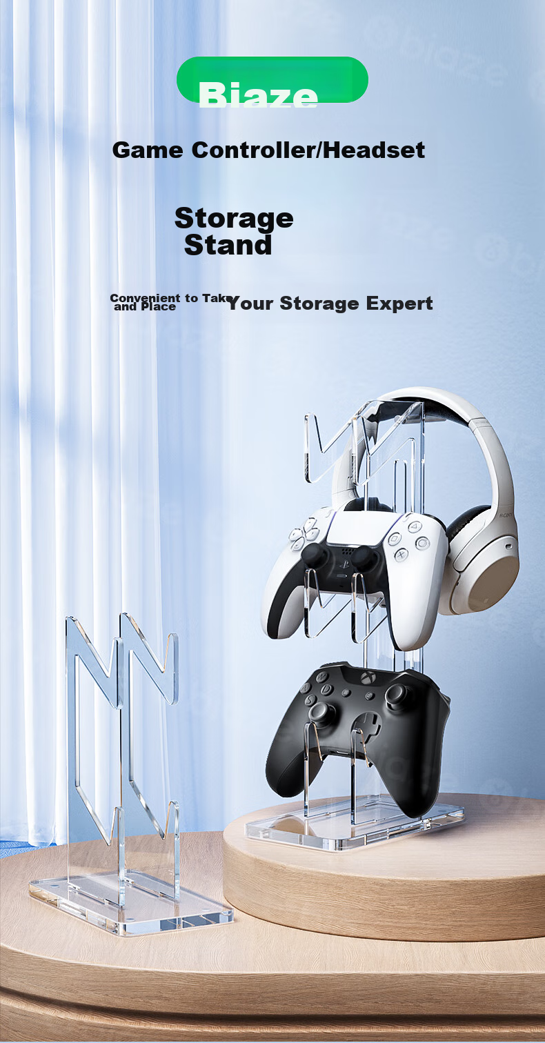 BIAZE Universal Gaming Controller Storage Stand for PS5/4/XBOX/Switch Pro, Compatible with Headphones, 3-Tier Design for Storing Controllers And Headphones 1