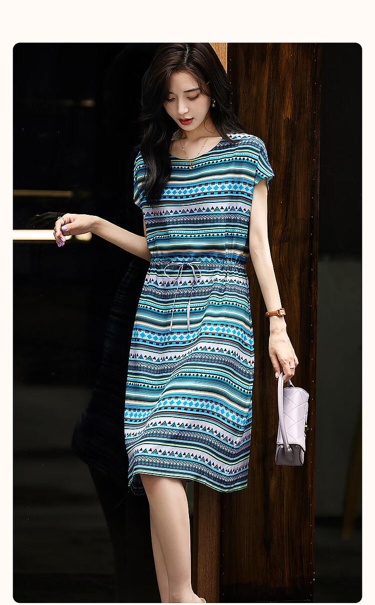 Dme [Cambridge Story] Summer Lightweight Mulberry Silk Round Neck Striped Printed Drawstring Dress for Wome 2