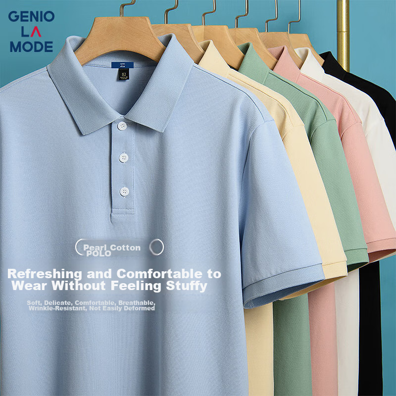 GENIOLAMODE Men's Polo Shirt, Short-Sleeved, Summer Casual, Solid Color, Versatile Basic Style, Business Collared T-Shirt, Blue, L