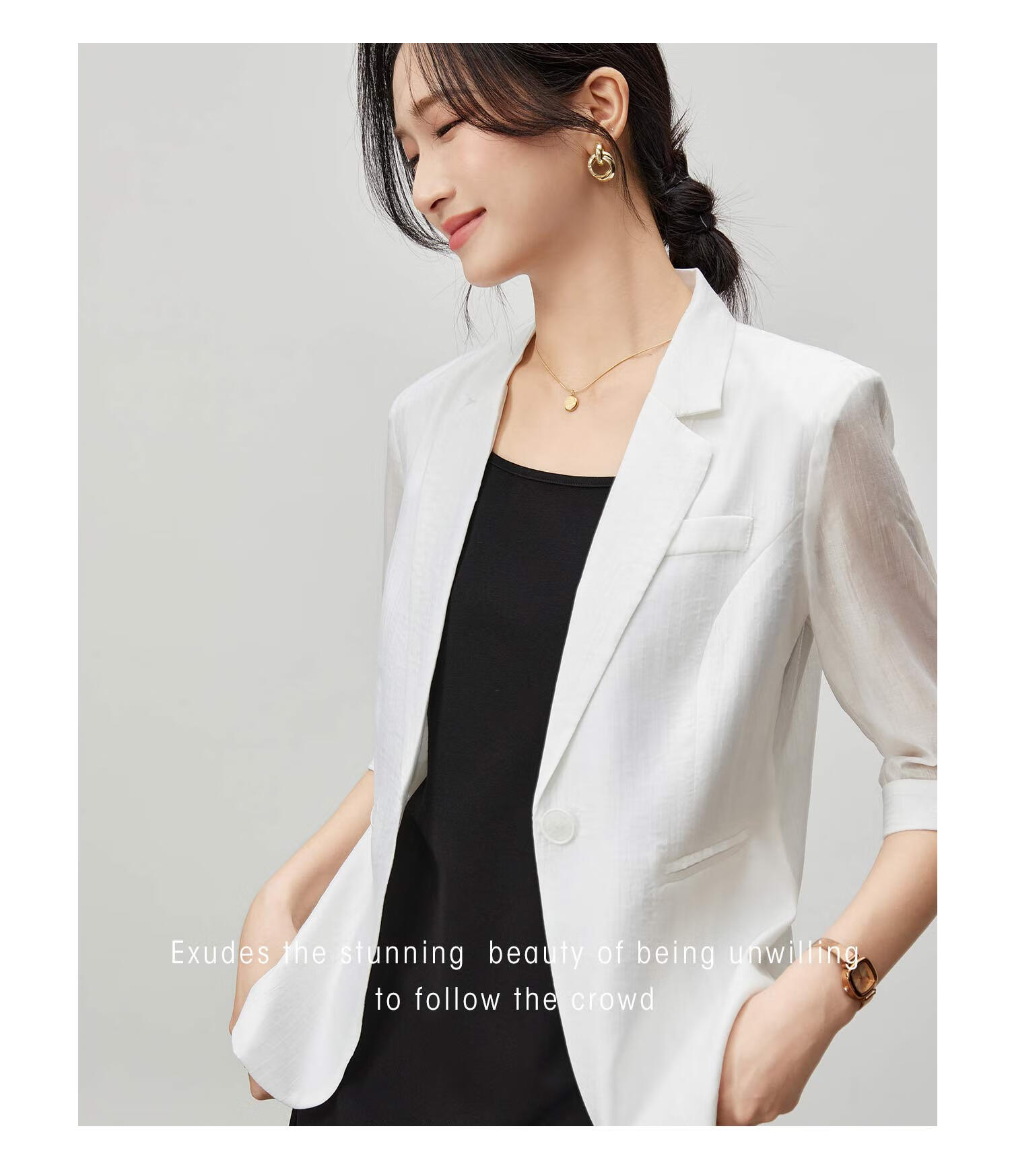 Fan Qin Yili Kuo Suit Jacket for Women, 2024 Elegant Five-Quarter Sleeve Commuter Professional Style, 442X73049, White, M 5