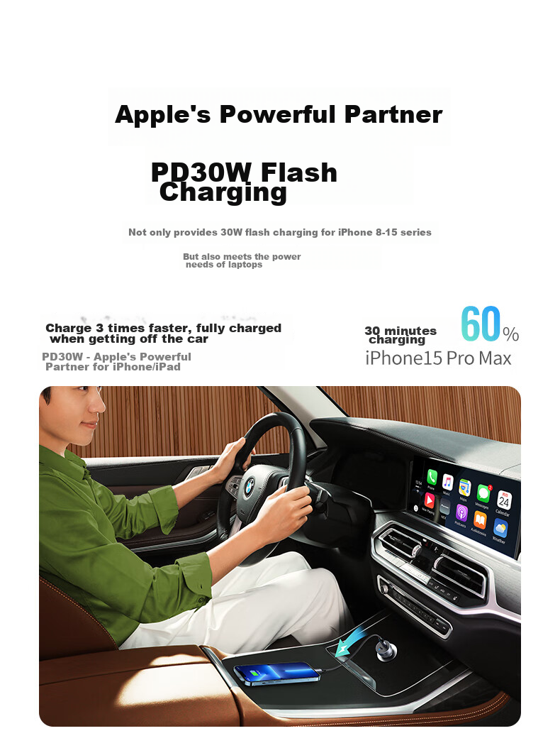 UGREEN Car Charger Super Fast Charging Dual Port 60W Cigarette Lighter Charger Adapter Plug One-To PD30W Compatible with Apple 18 Pro Max, Huawei, Xiaomi 9