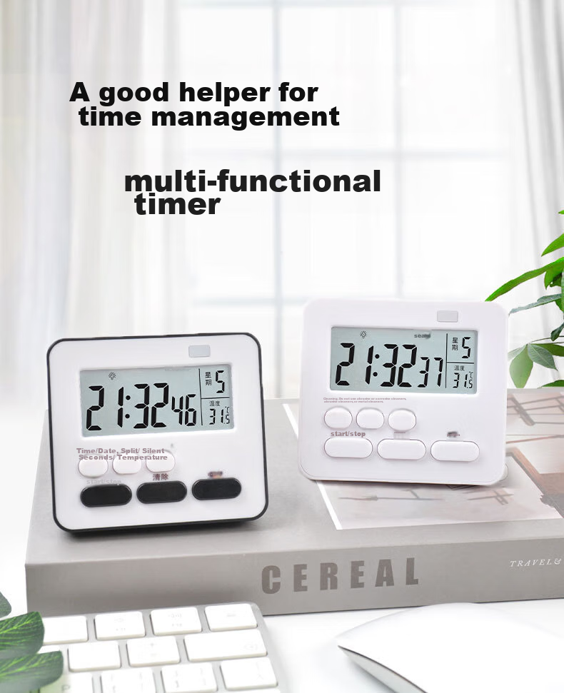 Futang Student Timer, Quiet Time Management Device, Kitchen Timer, Alarm Clock with Weekdays, Temperature Display, Three-Quarter Screen, White 1