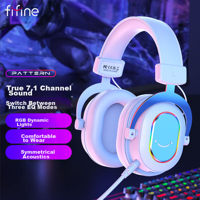 FIFINE Gaming Headset Over-Ear Wired 7.1 Channel Tri-Band for Valorant PUBG with Microphone, Computer Laptop USB Professional E-Sports Headset H6 White