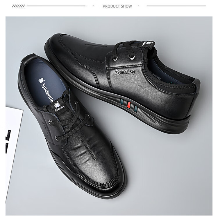 SPIDER KING Men's Casual Leather Shoes with Lace-Up, Korean Style Soft Sole Fashionable Business Men's Loafers, Black, Size 40 13