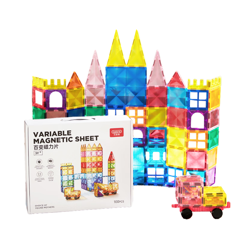 Beienshi Children's Building Blocks Toy, Magnetic Tiles with Colored Windows, for Ages 3-6, Assembly Puzzle, Birthday Gift, 100 Pieces