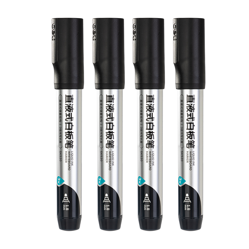 Deli Large Capacity Erasable Whiteboard Markers for Office, Teaching And Meetings, Triple Writing Ink Volume Student Stationery, 4 Pcs/box, SK520-4 Black