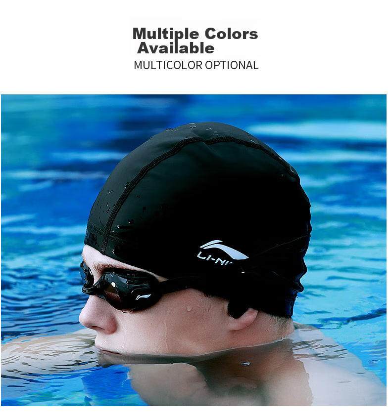 Li-Ning Swimming Cap for Men And Women, PU Coated Long Hair Waterproof Swim Cap, Ear Protection Comfortable Non-Binding LNMT856/LNMT858-1 Black 8